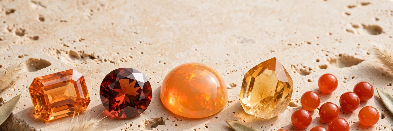 Orange gemstones compared — orange sapphire, mandarin garnet, fire opal, citrine and carnelian