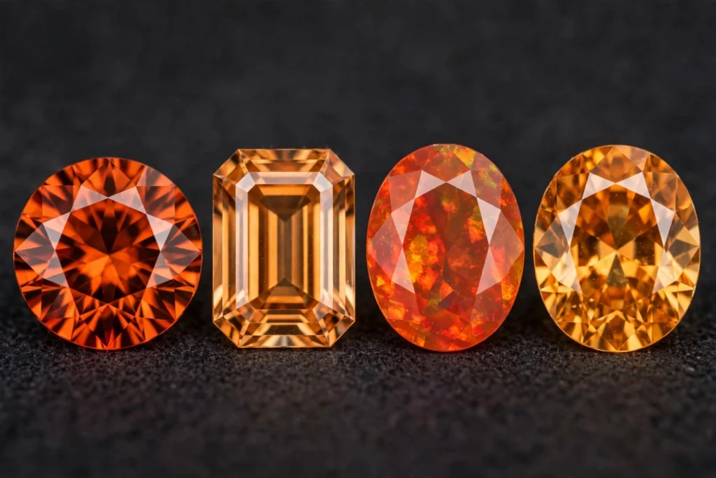 Fine orange gemstones compared — mandarin garnet, orange sapphire, fire opal and orange zircon