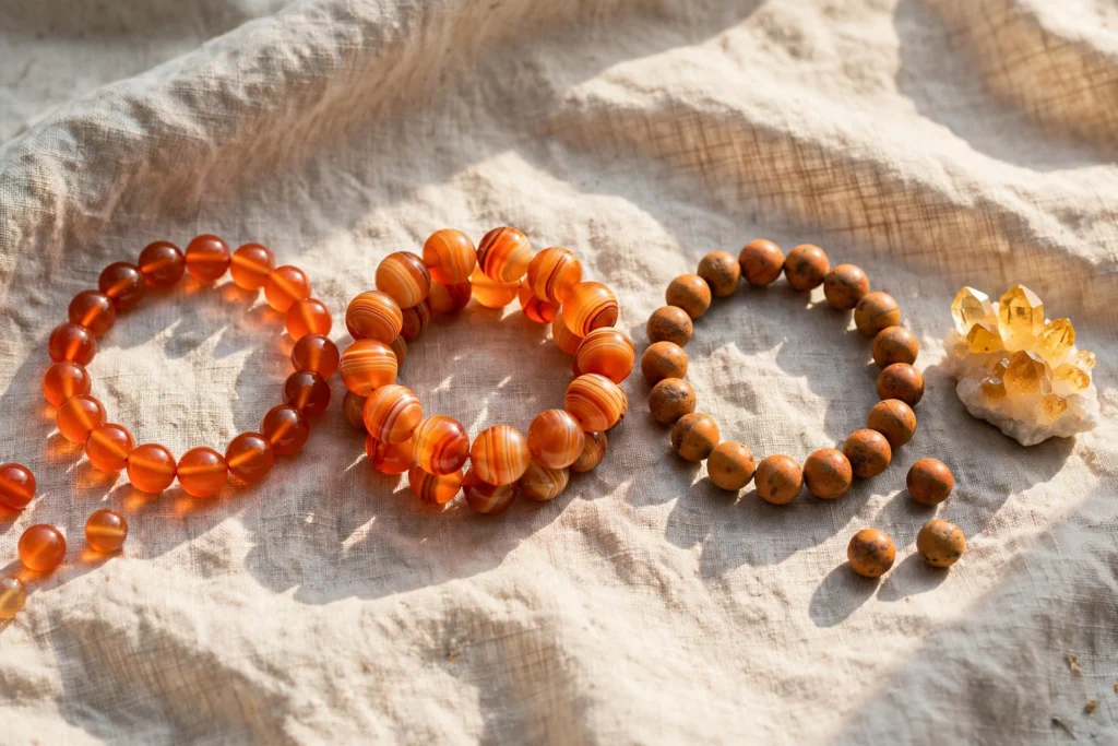 Orange gemstone bead bracelets — carnelian, orange agate and orange jasper