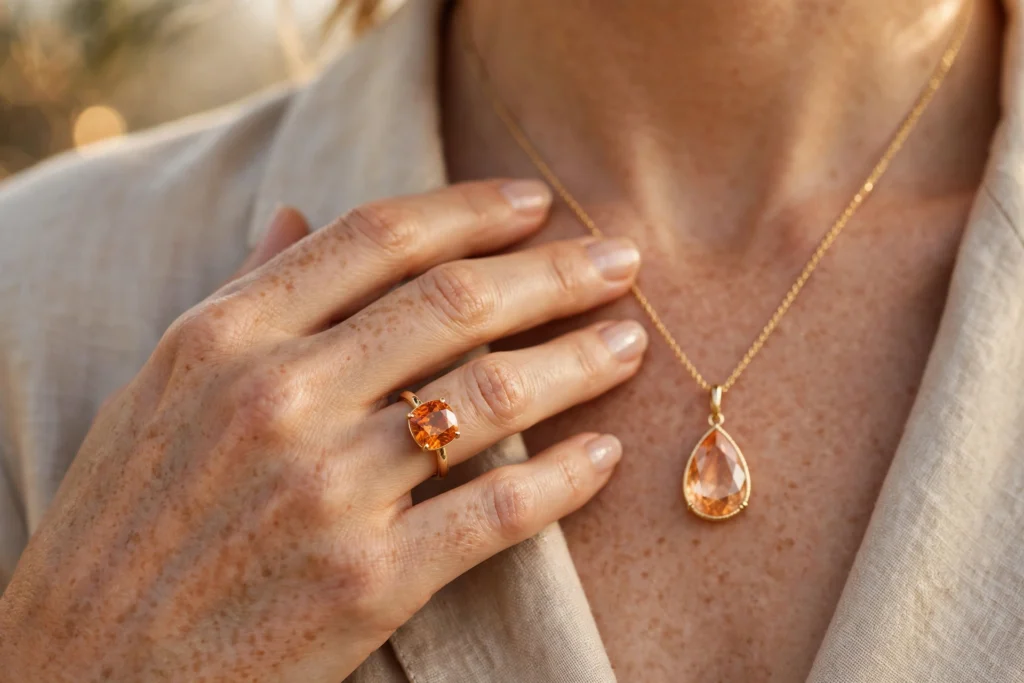 Orange gemstone jewelry worn — gold ring and pendant with orange gemstones